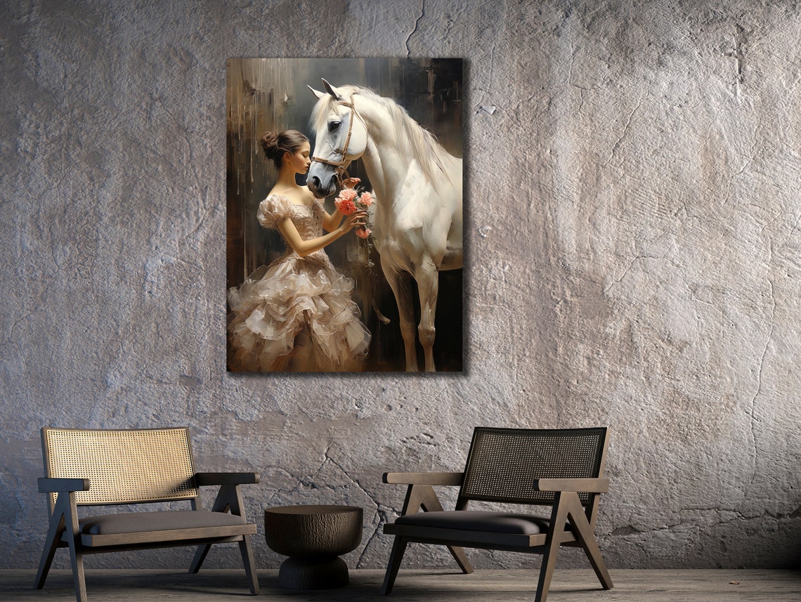 White Horses Painting On Running Horse Wall Art Balllerina Girl Wall Decor Animal Poster Ready To Hang Decor Horse Printing Art - Image 2