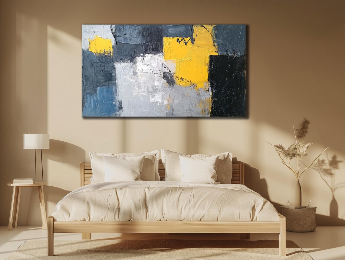 Geometric Black Gray Blue and Yellow Abstract Blocks Minimalist Poster