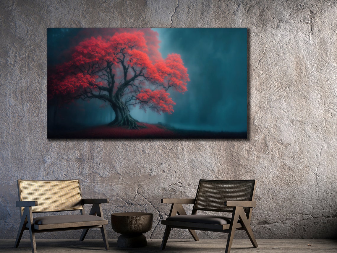 Red Tree Misty Teal Forest Dreamy Nature Painting Wall Art Print - Image 3