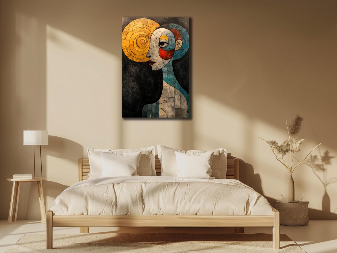 Cubist Woman Face Golden Spiral Sun Blue Abstract Art Poster - Image 3