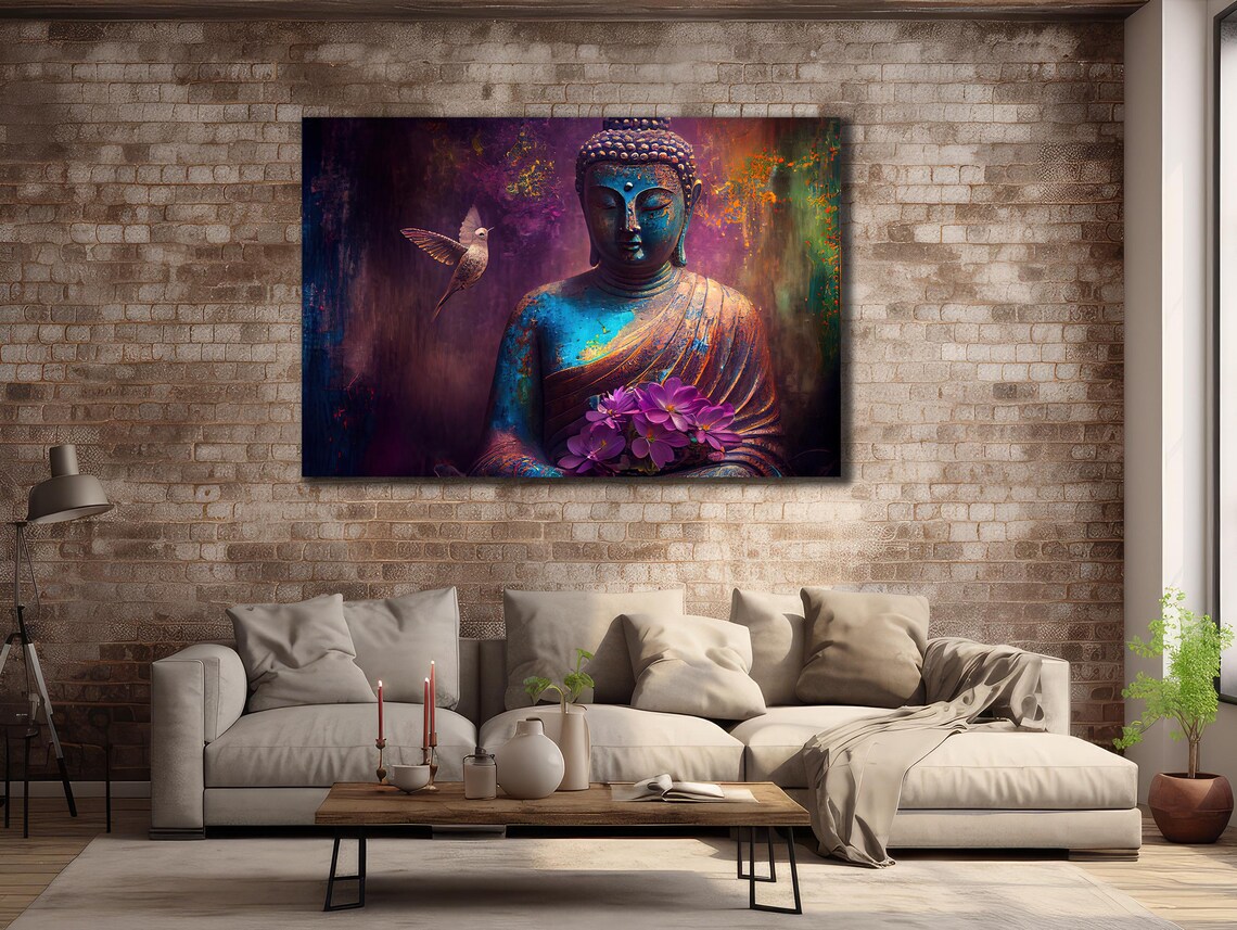 Colorful Buddha Orchids Hummingbird Vibrant Spiritual Wall Art Print - Image 3