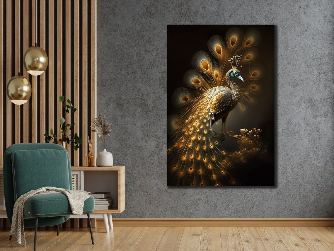 Golden Peacock Full Fanned Tail Elegant Dark Bird Wall Art Poster - Image 2