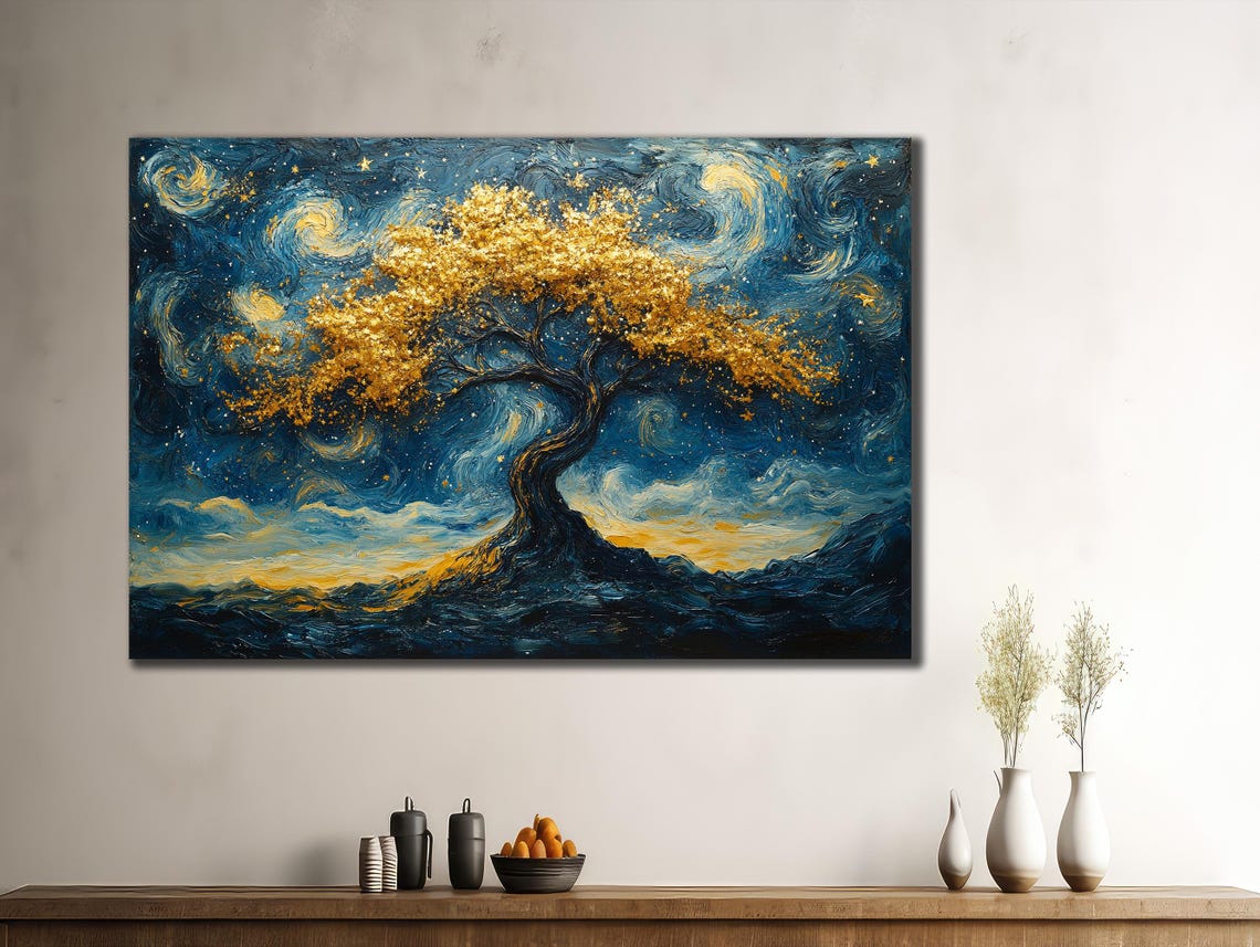 Golden Tree Starry Night Swirling Blue Sky Van Gogh Style Poster - Image 3
