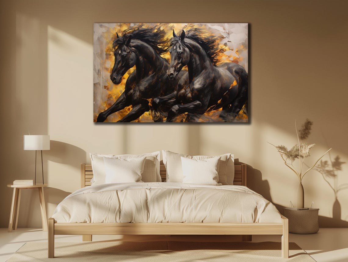 Black Horses Running Fiery Golden Flames Dramatic Equestrian Poster