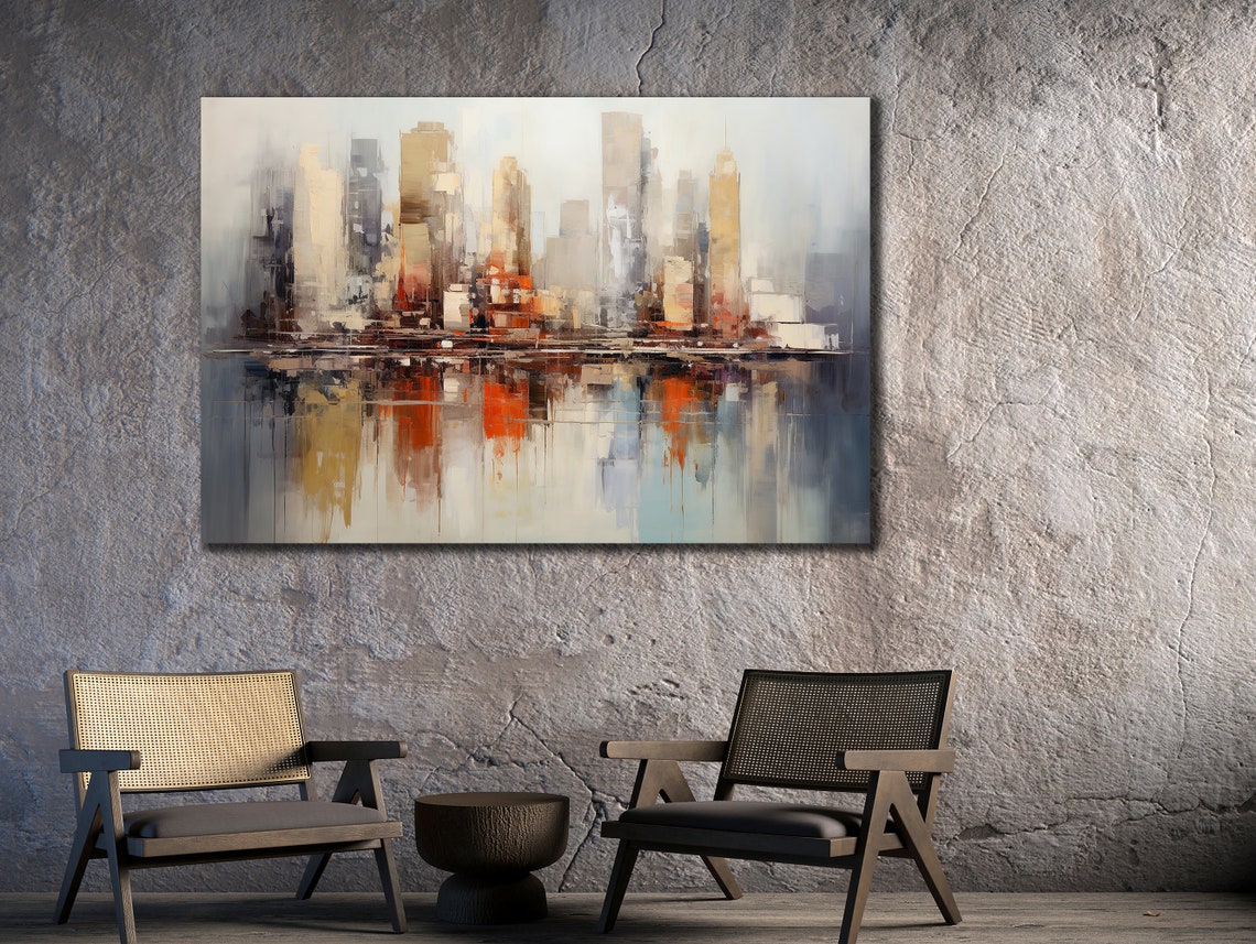 Abstract Waterfront Skyline Warm Beige Reflection Modern City Poster - Image 3