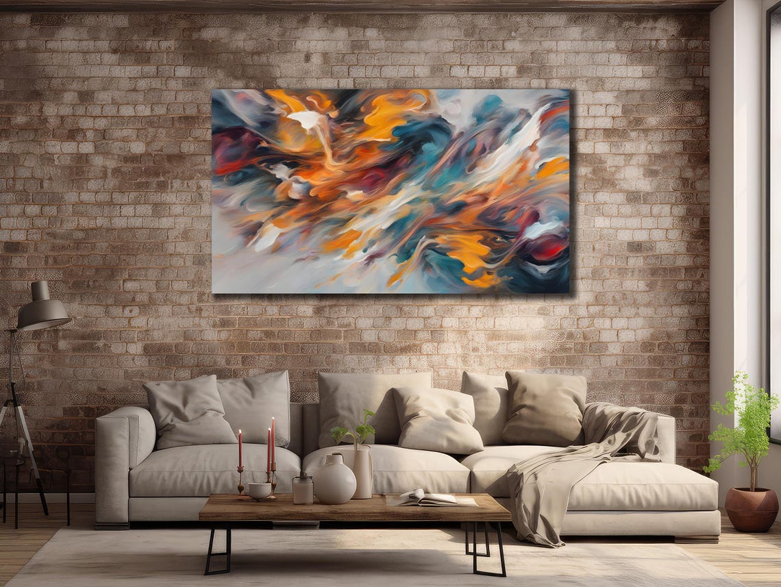 Orange Blue White Swirl Abstract Fluid Modern Canvas Wall Art Print - Image 3