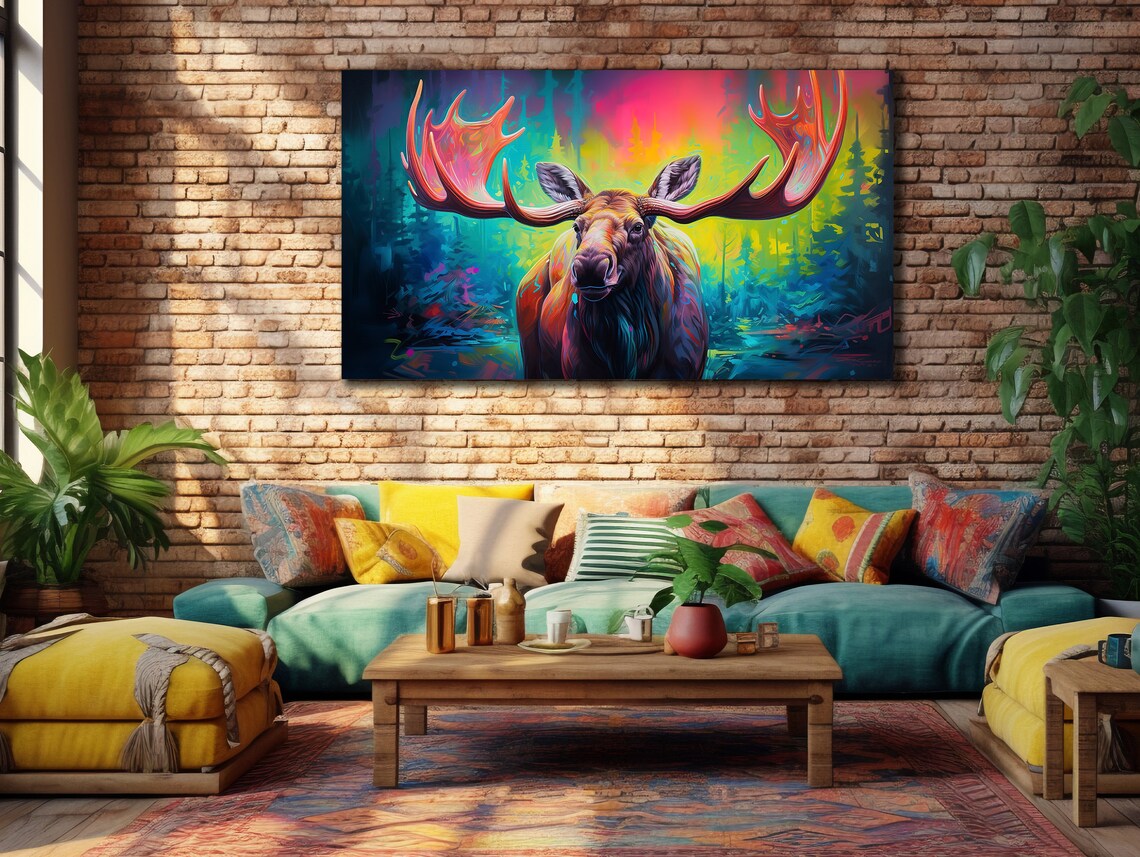 Colorful Moose Antlers Aurora Forest Neon Wildlife Wall Poster