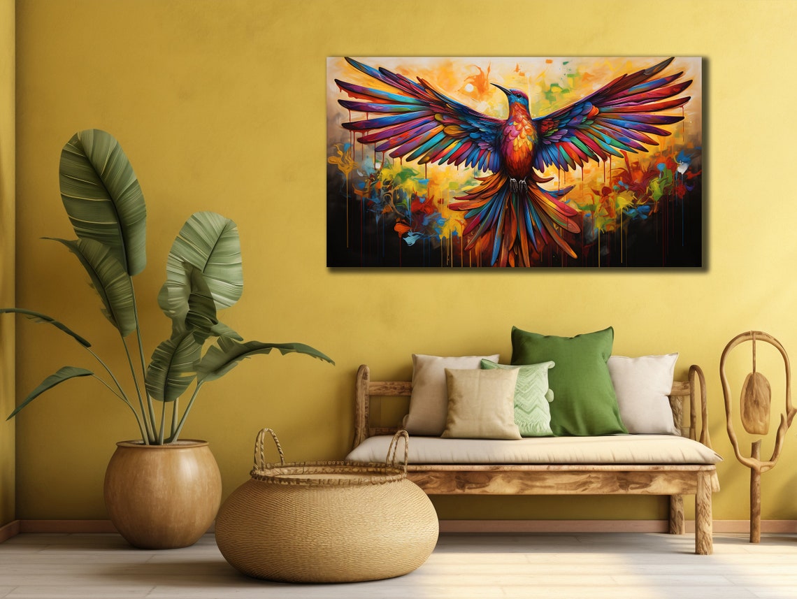 Rainbow Bird Spread Wings Phoenix Black Background Fantasy Wall Art - Image 2