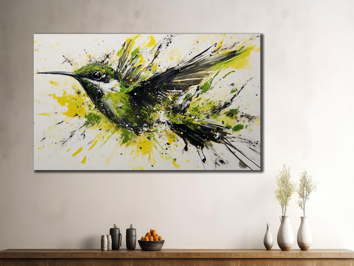 Emerald Green Hummingbird Splash Abstract Bird Painting Canvas Poster - Image 3