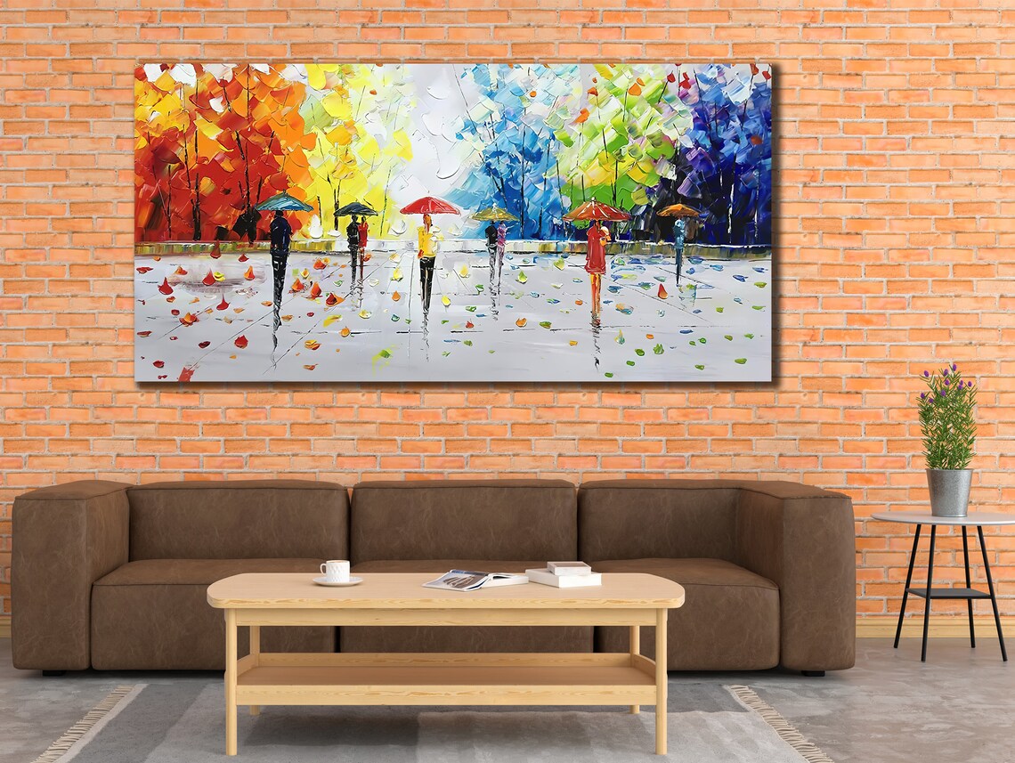 Rainy Park Colorful Umbrellas Palette Knife City Street Art Poster