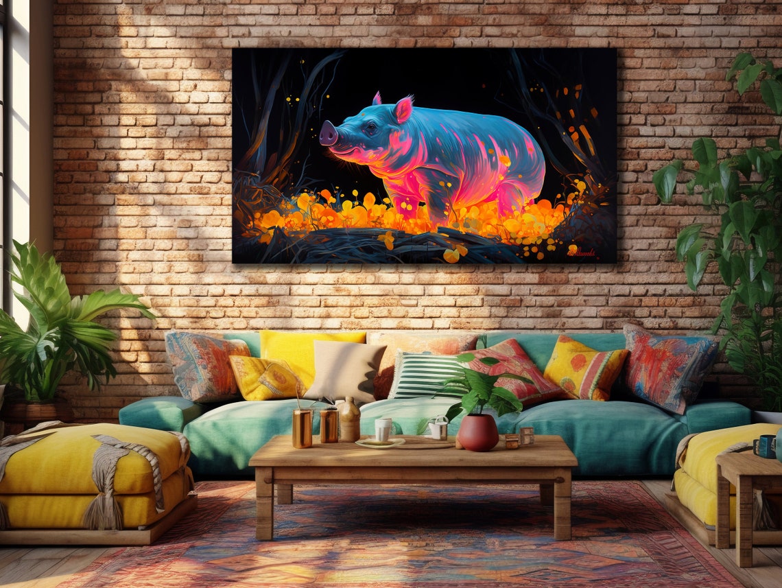 Neon Glowing Pig Vibrant Digital Pop Art Night Wildlife Poster - Image 3