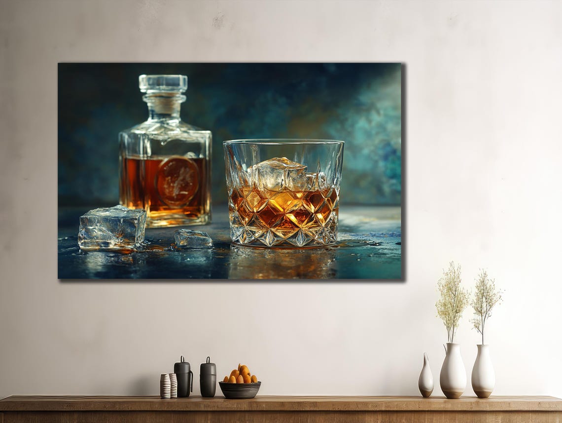Whiskey Decanter And Glass With Ice Moody Still Life Bar Art Poster - Image 3