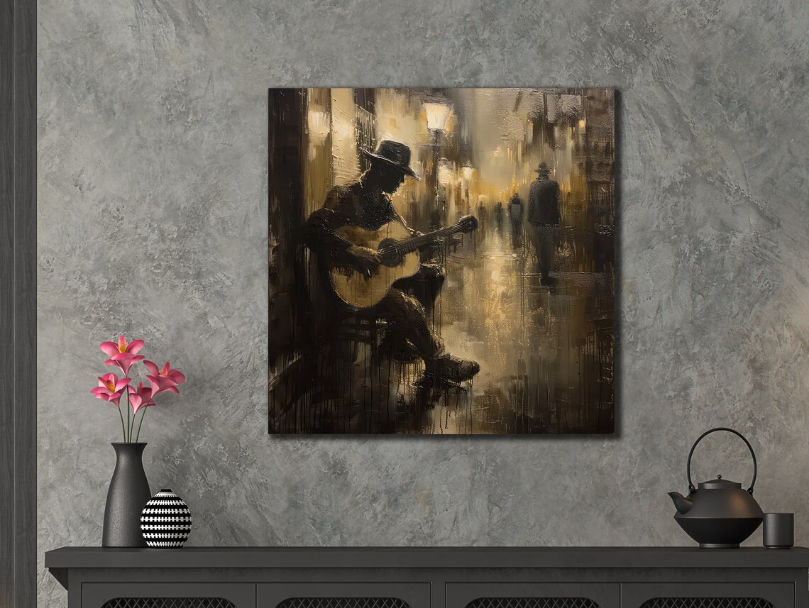 Street Guitarist in Golden Rainy Night Alley Impressionist Music Art Print