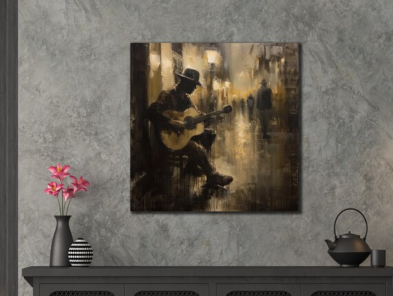 Street Guitarist in Golden Rainy Night Alley Impressionist Music Art Print