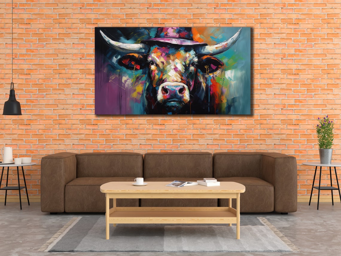 Multicolor Bull Portrait With Hat Abstract Animal Pop Art Poster