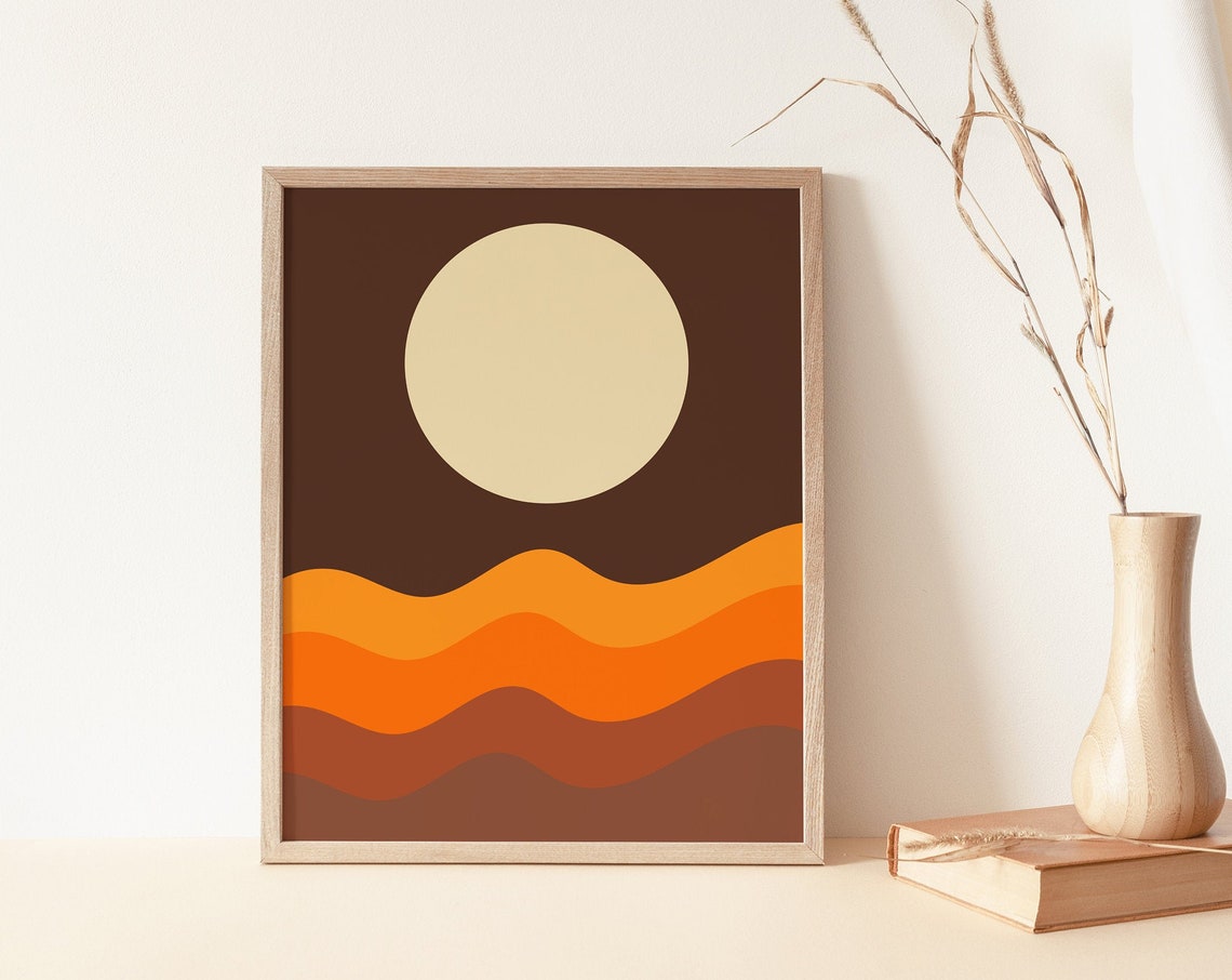 Retro 70s Moon Over Wavy Ocean Stripes Abstract Wall Poster at Night