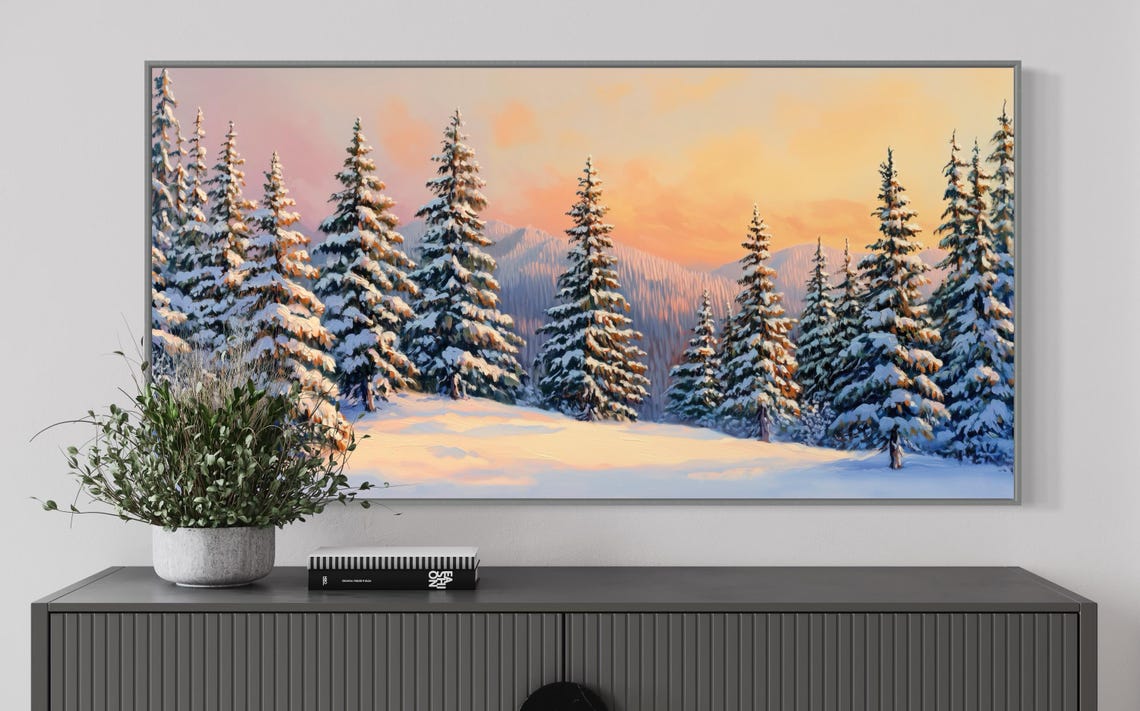Snowy Pine Forest Winter Sunset Glow Mountains Panoramic Wall Print - Image 5