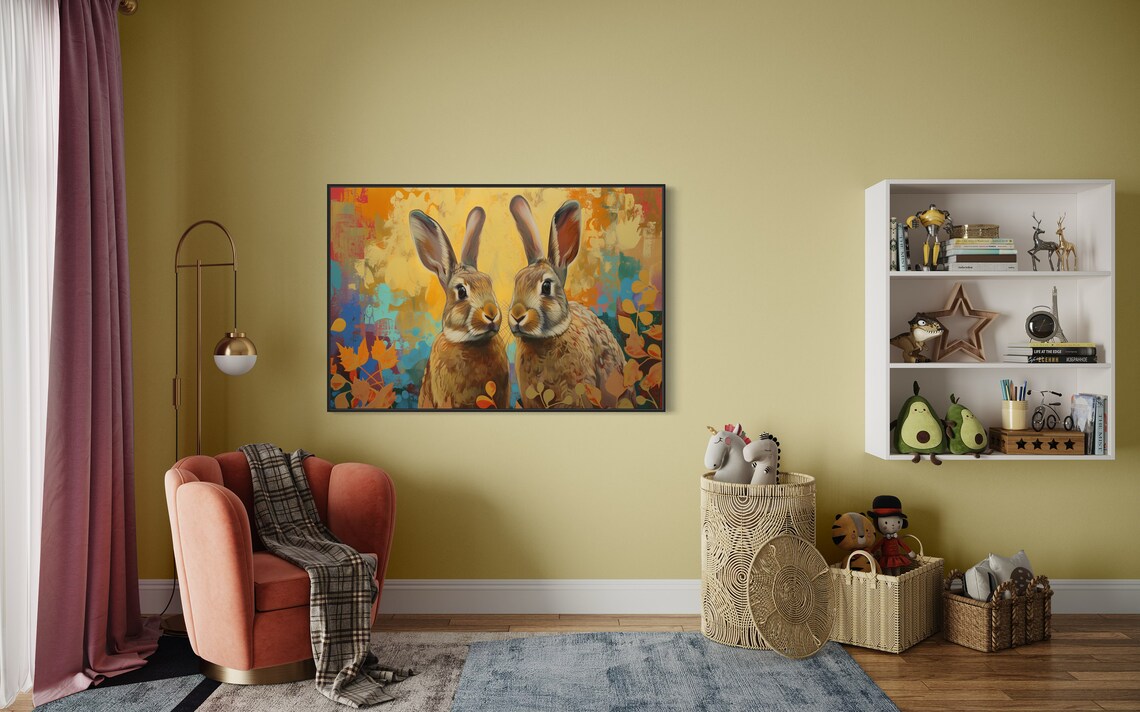 Floral Bunnies Vibrant Color Art Abstract Animal Family Painting Print Rabbit Portrait Rabbit Painting Print Cute Bunny Lover Gift - Image 4