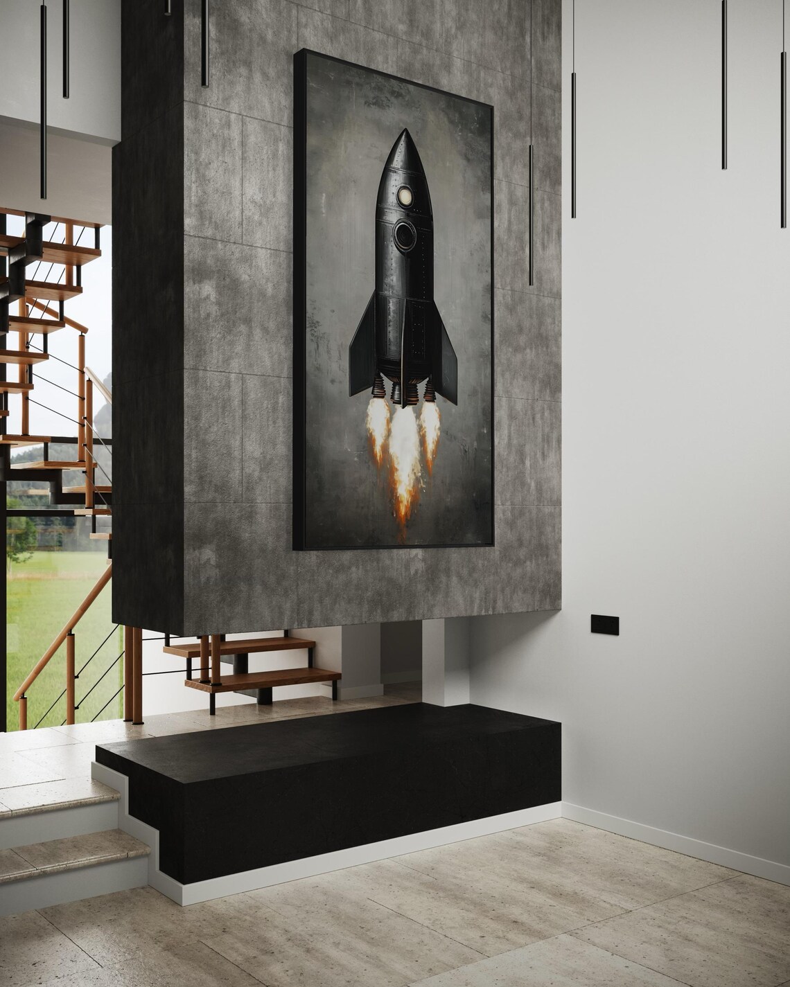 Vintage Rocket Launch Sleek Black Rocket Ship Art Print - Image 2