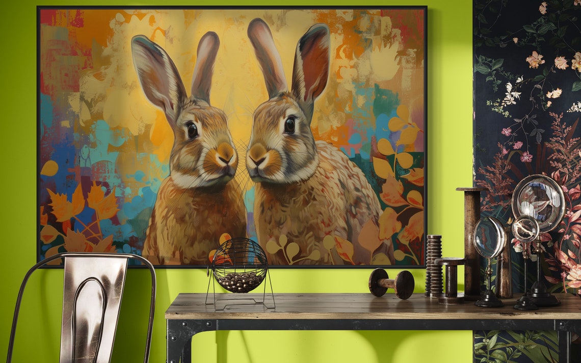 Two Brown Rabbits Floral Autumn Background Cute Bunny Portrait Poster - Image 3