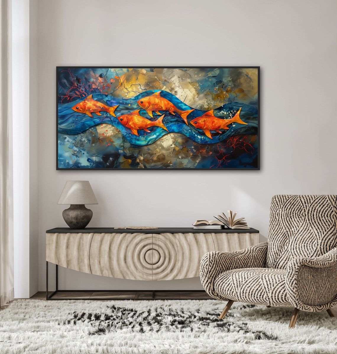 Vibrant Orange Koi Fish School Blue Water Panoramic Art Print - Image 5