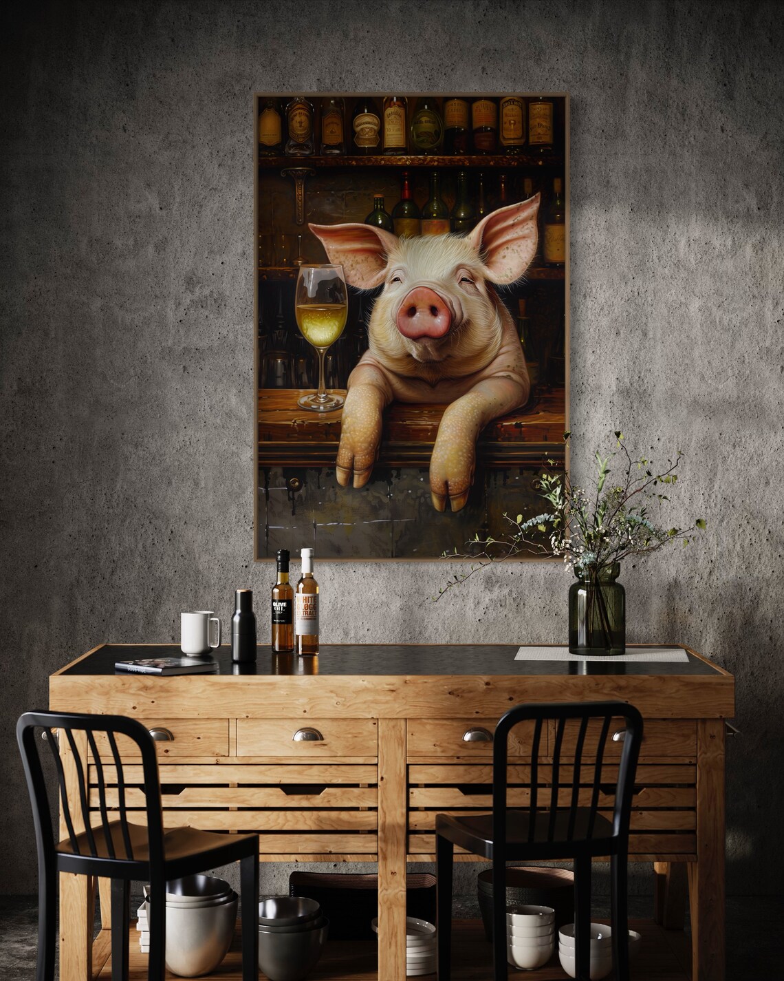 Whimsical Pig Art Print, Wine Bar Decor Piece - Image 5