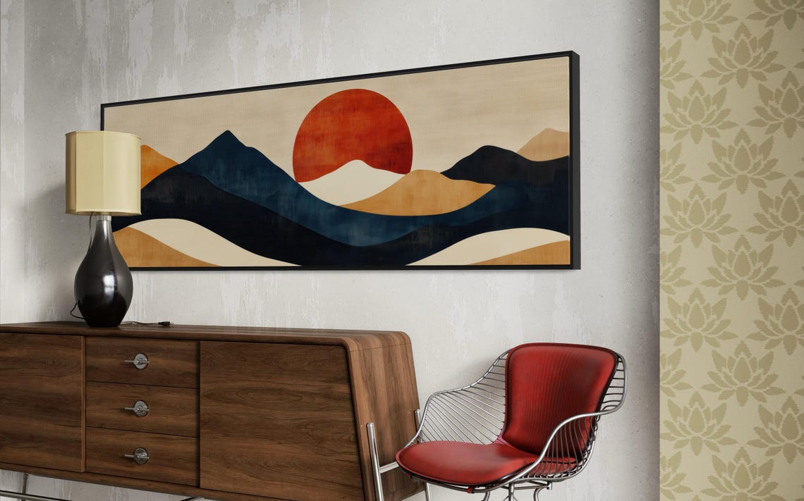 Abstract Mountain Wall Art Minimalist Layered Landscape Print With Bold Red Sun Earthy Tones And Modern Geometric Design - Image 4