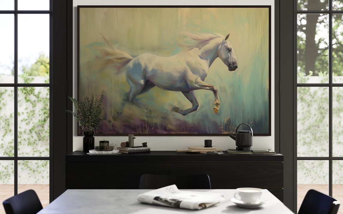 White Horse Galloping Impressionist Pastel Equestrian Art Poster - Image 4