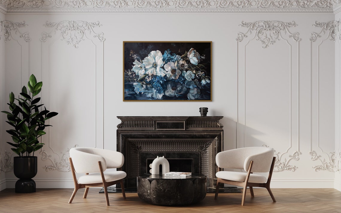White Blue Wildflowers Dark Floral Still Life Botanical Art Poster - Image 4
