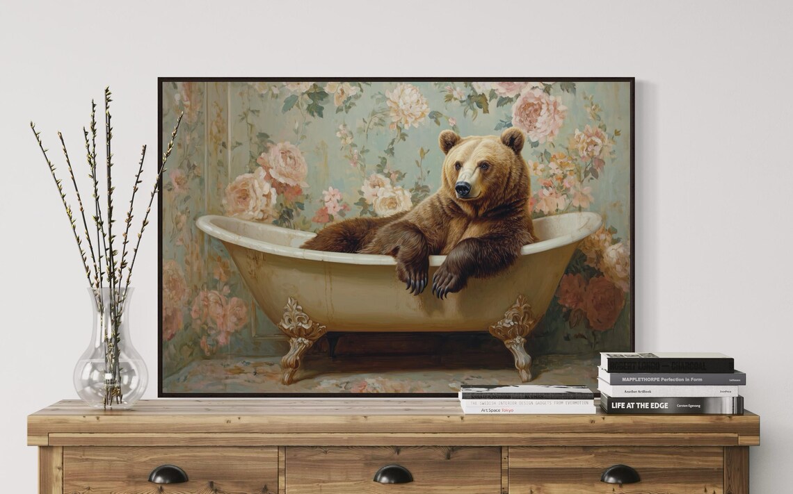 Grizzly Bear Lounging In Vintage Bathtub Floral Wallpaper Funny Art Poster