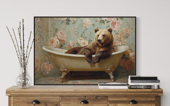 Grizzly Bear Lounging In Vintage Bathtub Floral Wallpaper Funny Art Poster