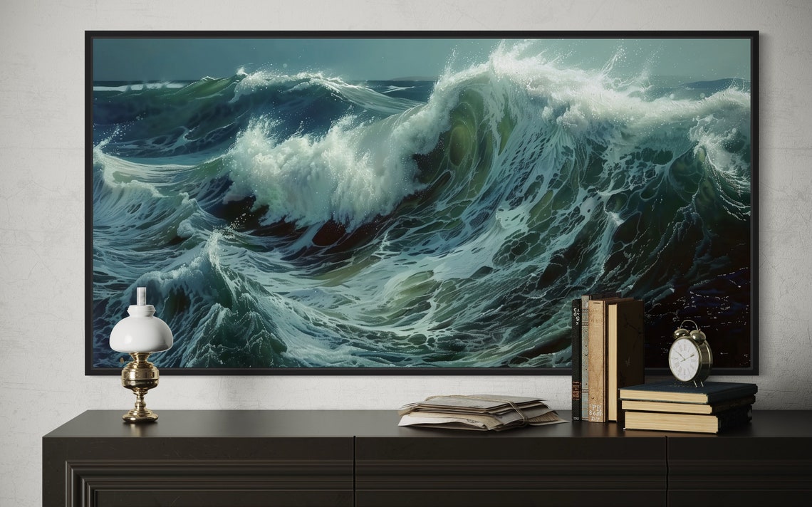 Dramatic Ocean Wave Curl Dark Teal Stormy Sea Realistic Wall Art - Image 5