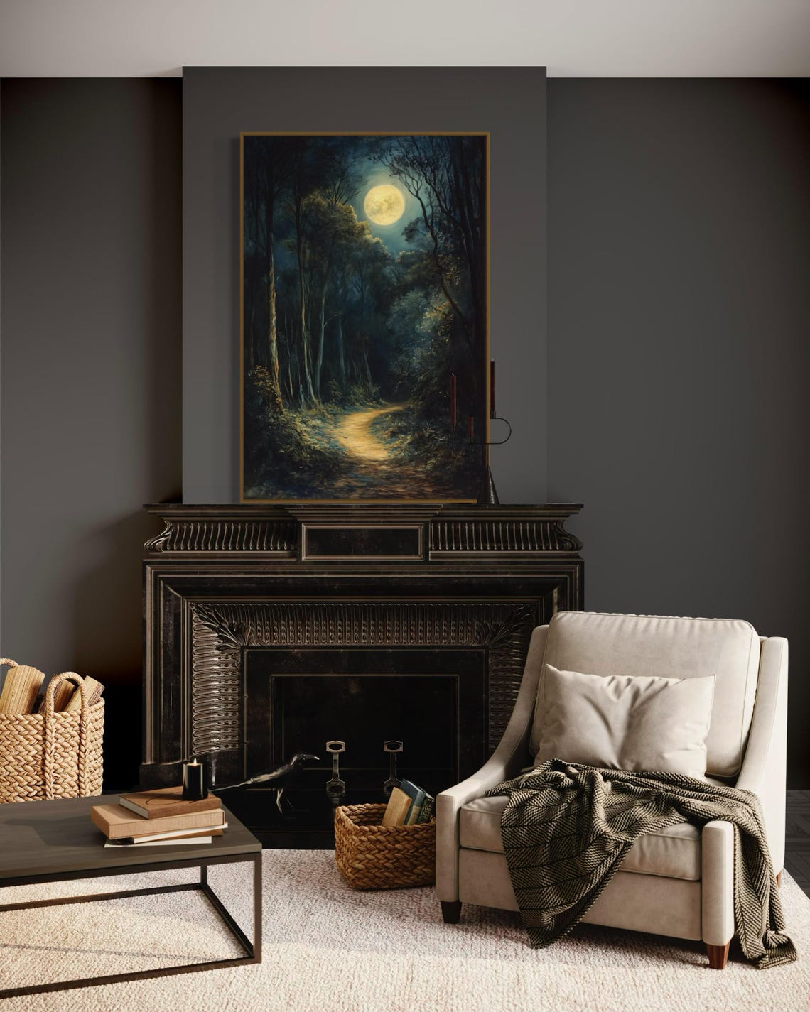 Enchanted Dark Forest Painting Print Mystical Art With Full Moon For Gothic Home Decor And Moody Wall Art - Image 3