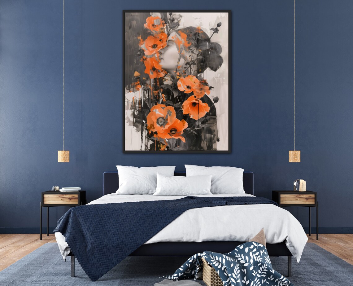 Sensual Woman Portrait With Vivid Orange Poppies Floral Art Poster - Image 3
