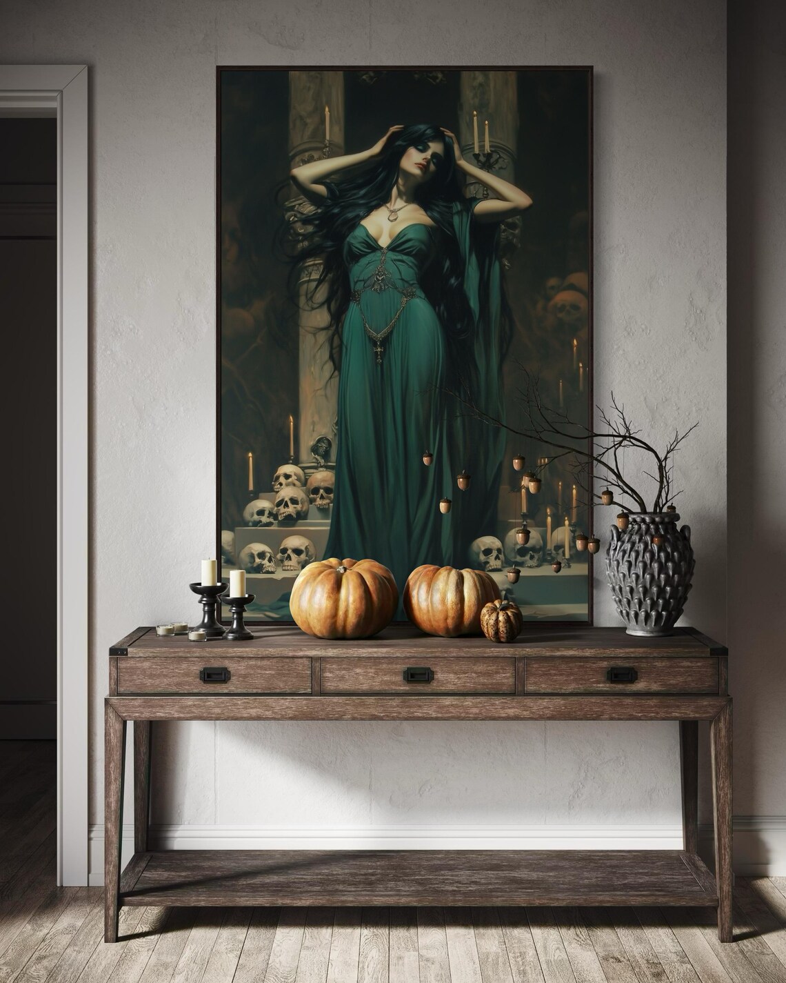 Victorian Gothic Woman Green Gown Skulls Candles Moody Poster - Image 3