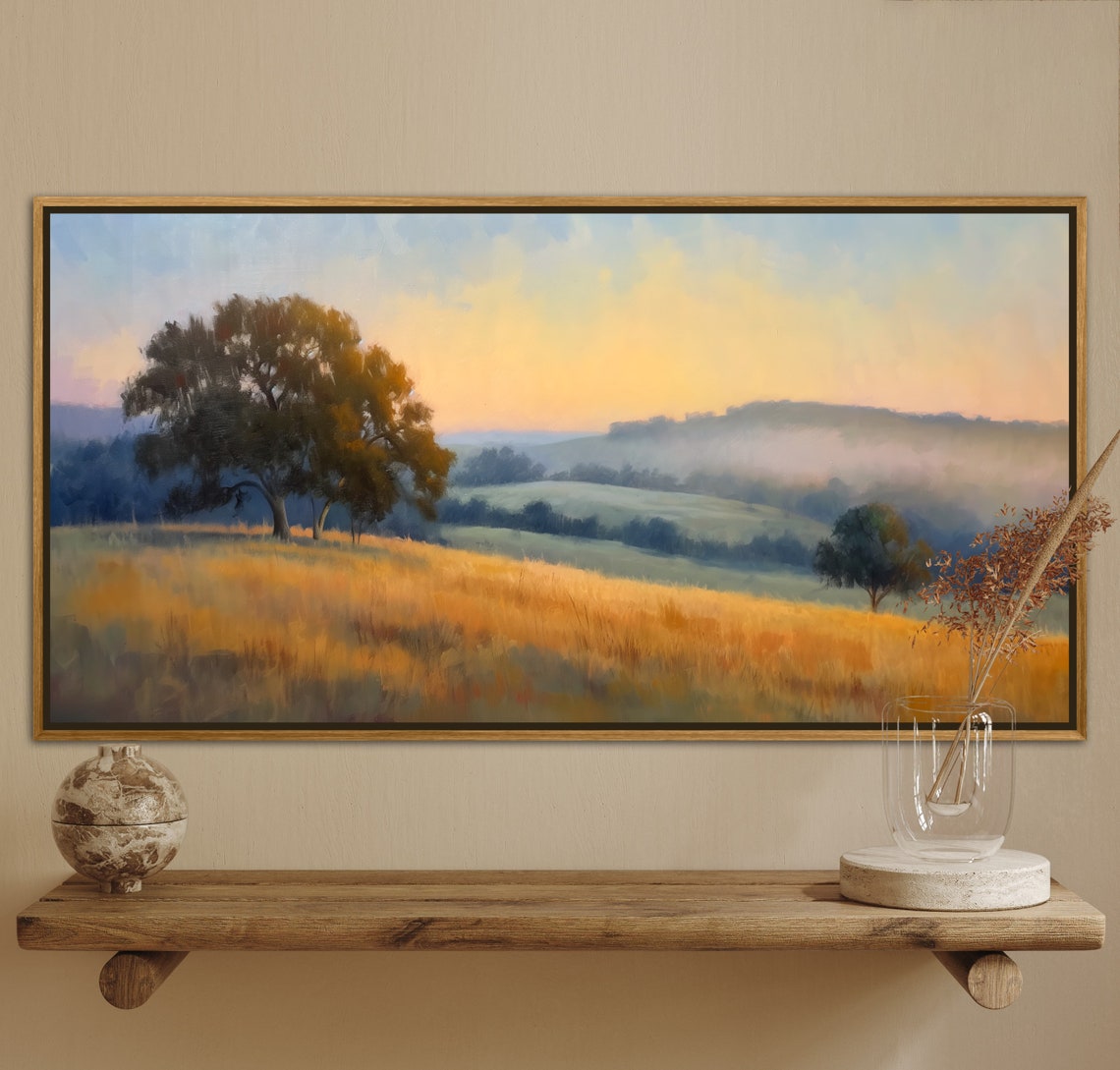 Misty Meadow Dawn Golden Grass Oak Tree Pastoral Panoramic Poster - Image 5