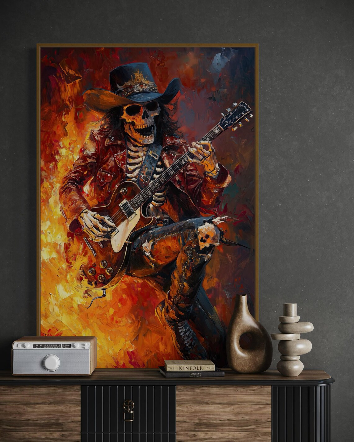 Fiery Skeleton Guitarist Rock N Roll Flames Electric Guitar Wall Art Print - Image 2