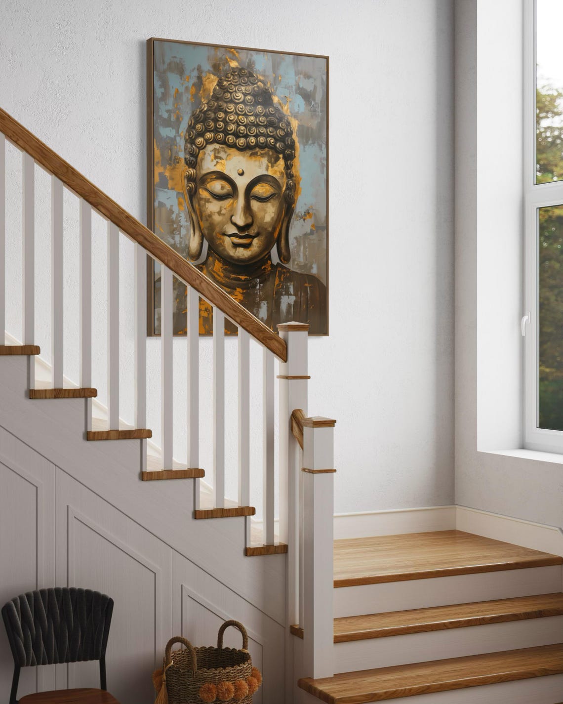 Serene Gold Buddha Face Zen Blue Grey Spiritual Wall Art Poster - Image 4