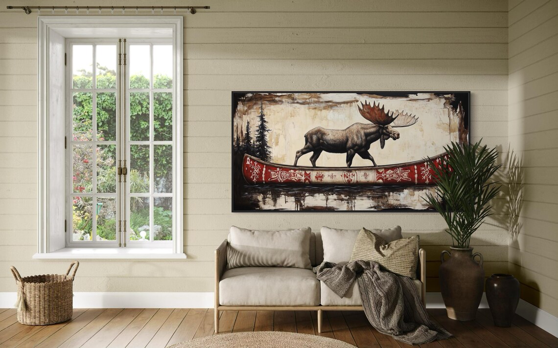 Moose Walking Red Patterned Canoe Reflective Water Rustic Wildlife Poster - Image 2