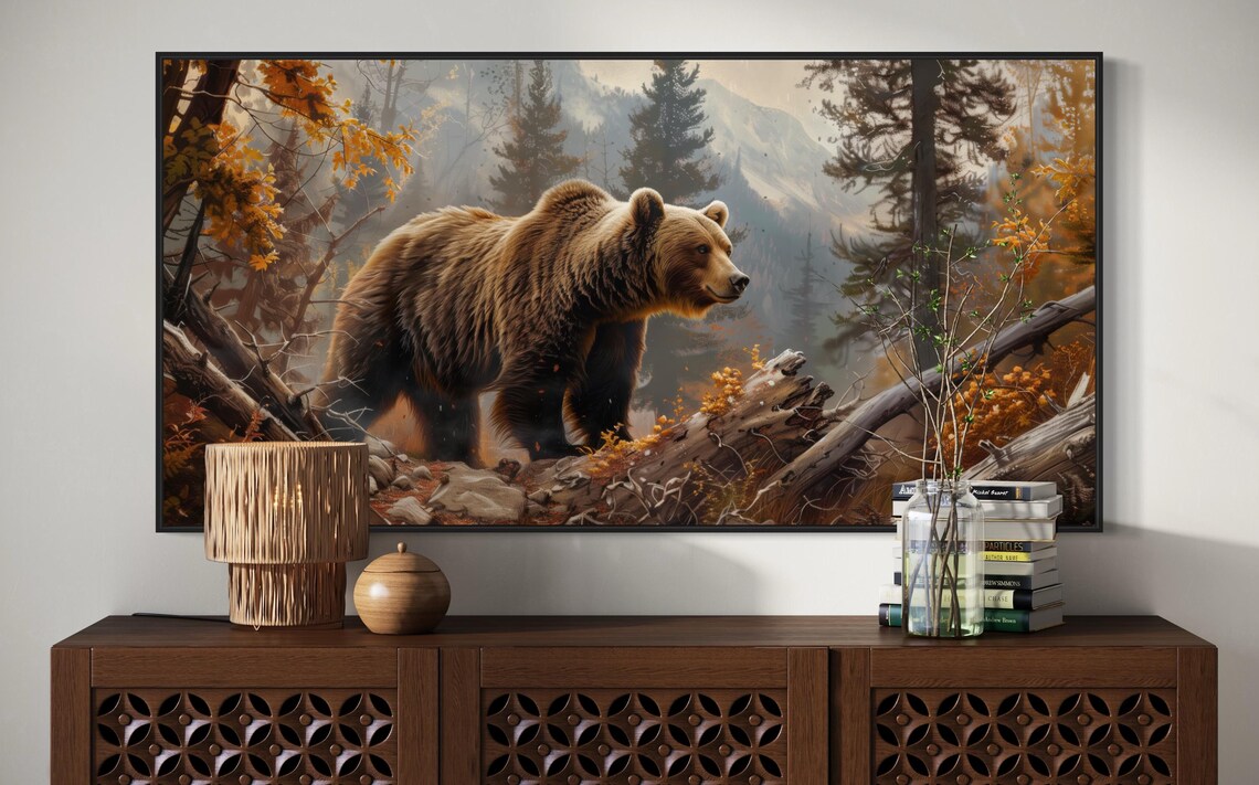 Grizzly Bear Autumn Forest Fallen Log Mountain Panoramic Wildlife Art Poster