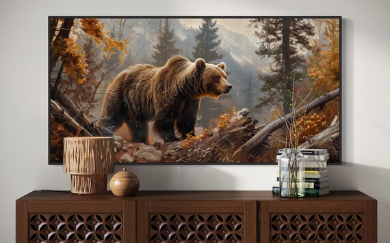 Grizzly Bear Autumn Forest Fallen Log Mountain Panoramic Wildlife Art Poster