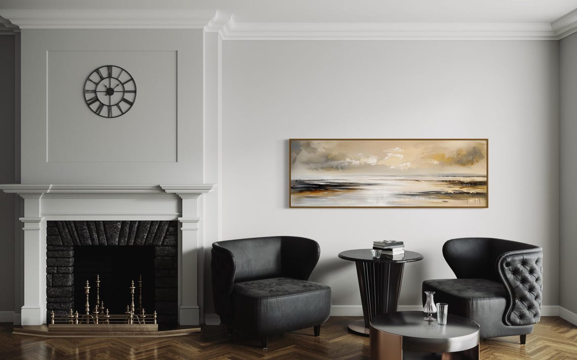 Calming Coastal Abstract Beige Grey Gold Panoramic Wall Art Print - Image 3
