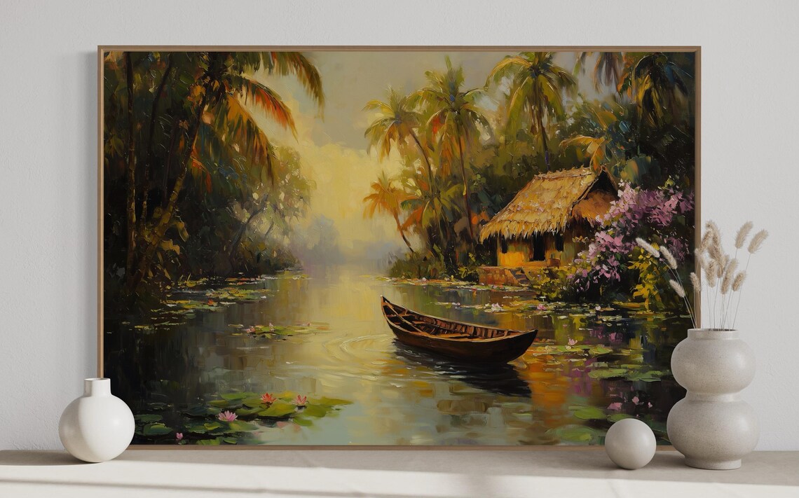 Tropical Sunset River Boho Jungle Canoe Art Print