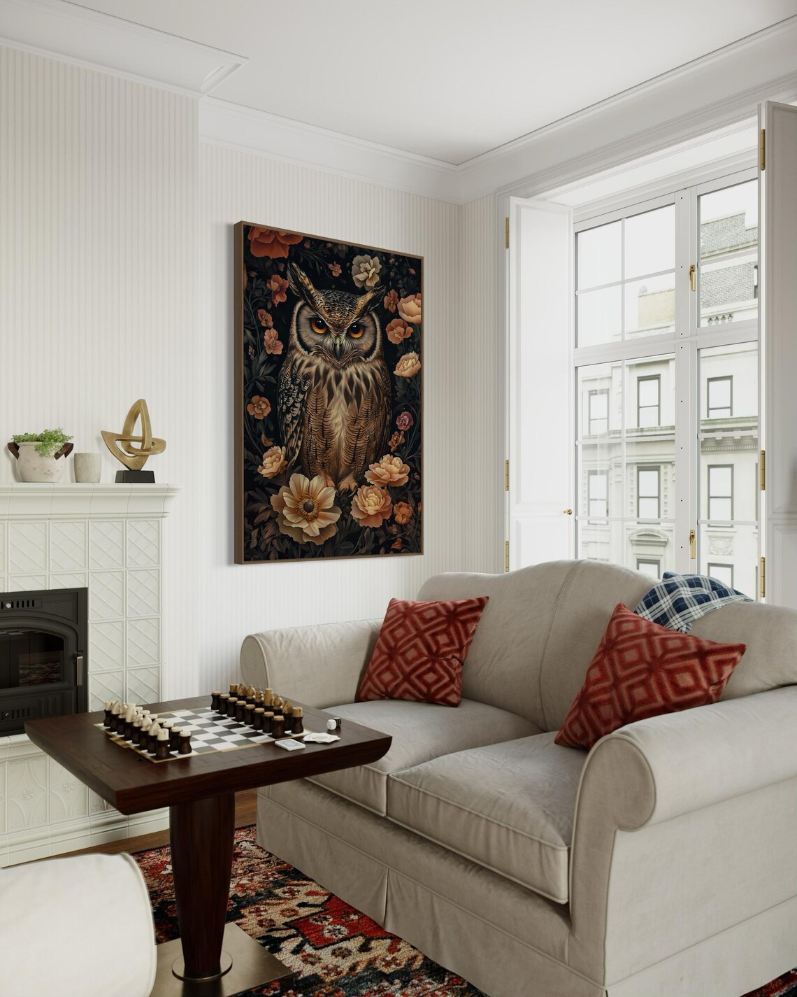 Majestic Great Horned Owl Dark Floral Botanical Wildlife Art Poster - Image 2