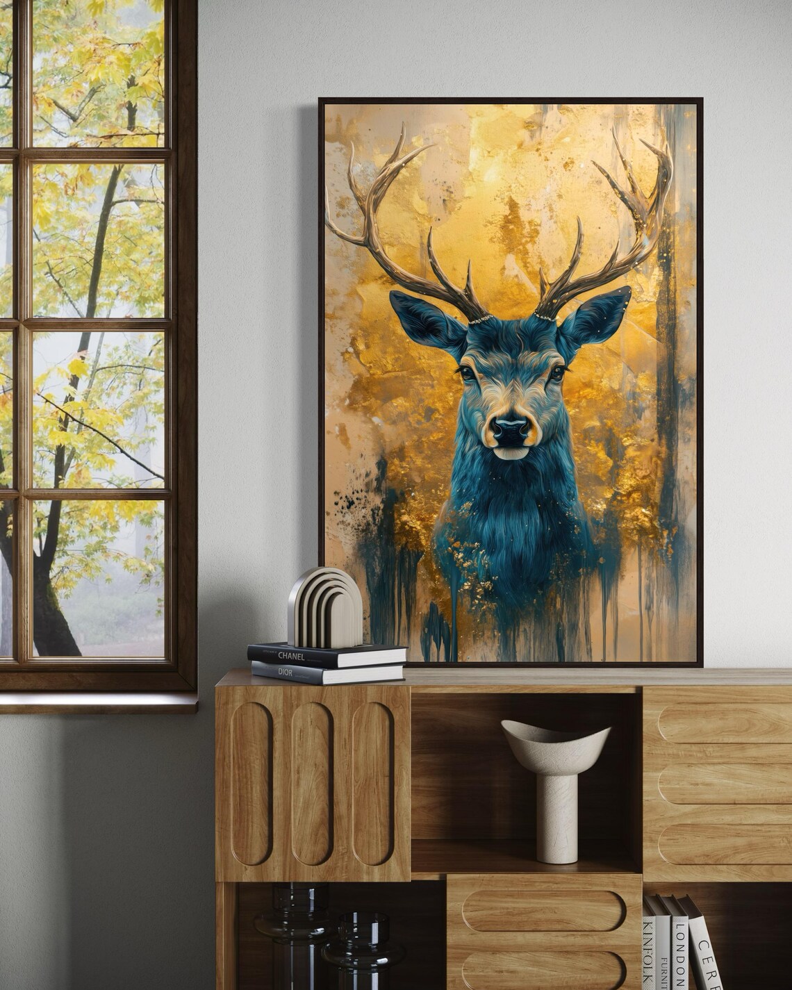Blue Deer Art Print, Golden Background Rustic Poster - Image 5