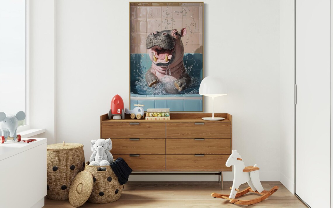 Happy Baby Hippo Splashing Bubble Bath Playful Nursery Bathroom Art Poster - Image 4