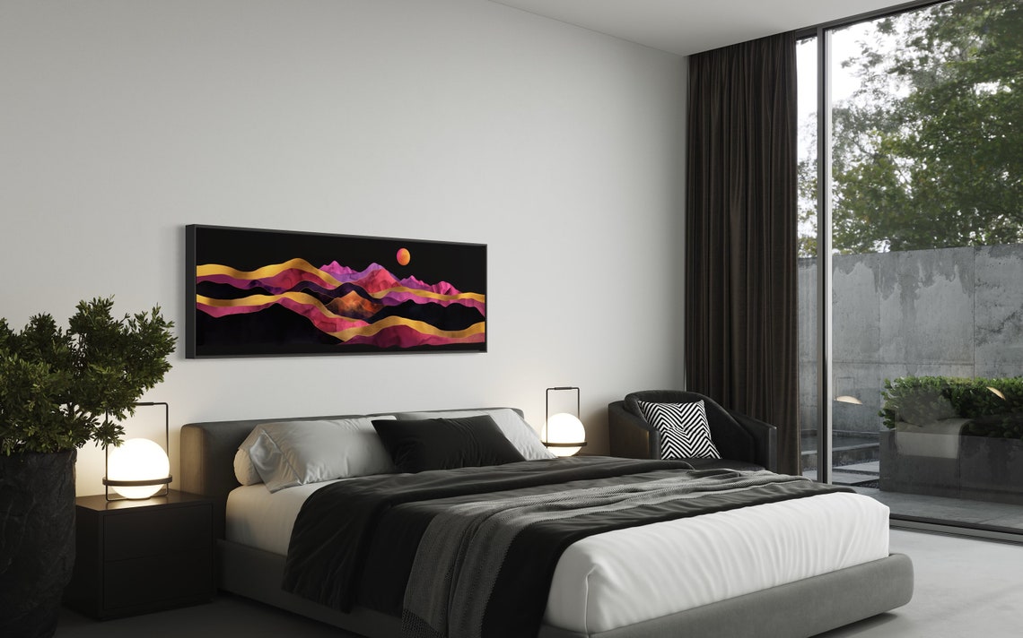 Pink Gold Abstract Layered Mountain Night Sky Panoramic Art Print - Image 3