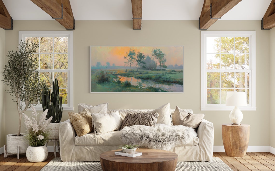 Misty Sunrise Over Green Meadow Stream Soft Pastel Morning Poster - Image 5