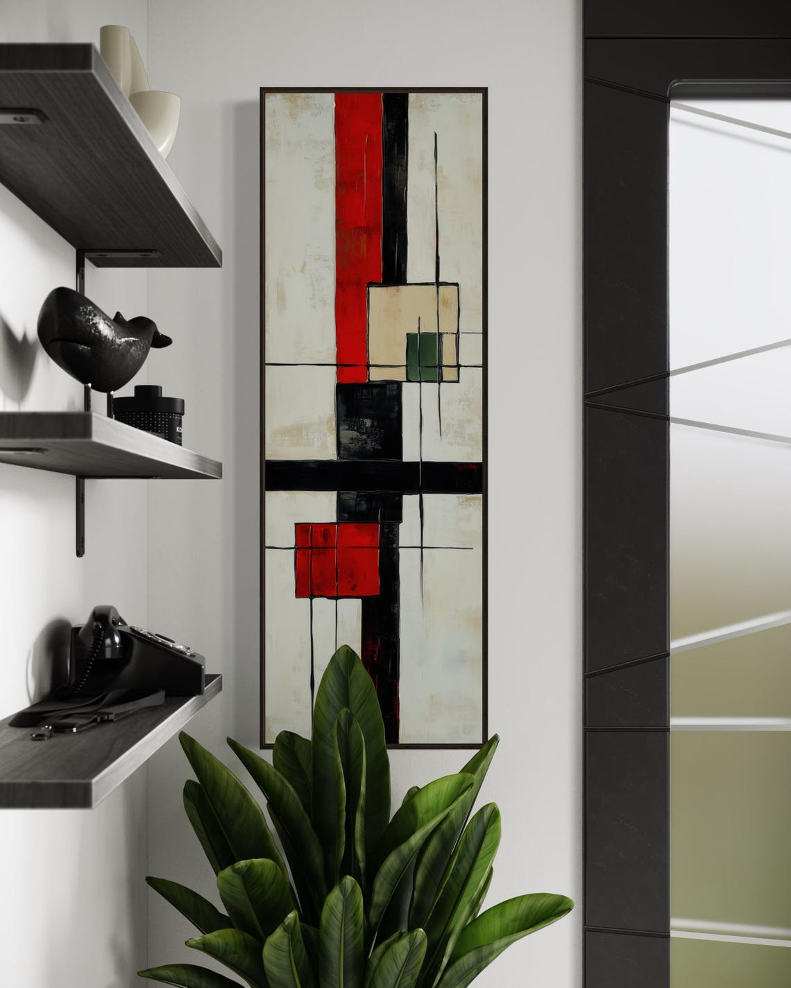 Modern Abstract Wall Art Bold Red And Black With Geometric Lines Minimalist Vertical Design For Trendy Home Or Office Decor - Image 5