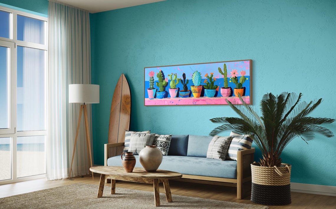 Colorful Potted Cactus Plants Quirky Folk Botanical Succulent Wall Art - Image 4